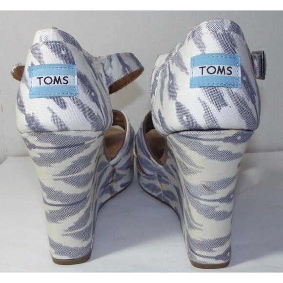 Toms Chambray Sandals 9.5 blue white canvas Peep-Toe Wedge adjustable straps - Picture 11 of 12
